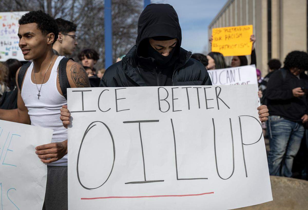 Students at Shawnee Mission North High School marched in protest of ICE and the Trump administration on Wednesday, February 11, 2026, in Overland Park.
