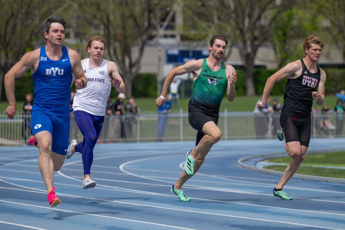Caleb Furnell, second from the right, a 2019 graduate of Lee’s Summit West High School, sprinted on the track team at Utah Valley University. Furnell was named to the U.S. Olympic team and will compete as a member of a four-man bobsled team at the Winter Olympics next month.