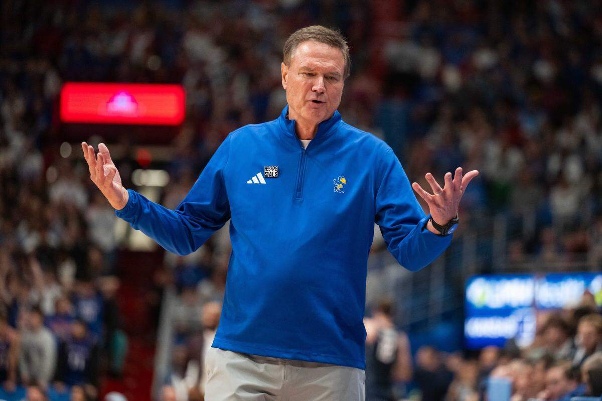 Kansas Jayhawks head coach Bill Self scowls following a foul call in the second half vs. the UConn Huskies on Tuesday, December 2, 2025, at Allen Fieldhouse.