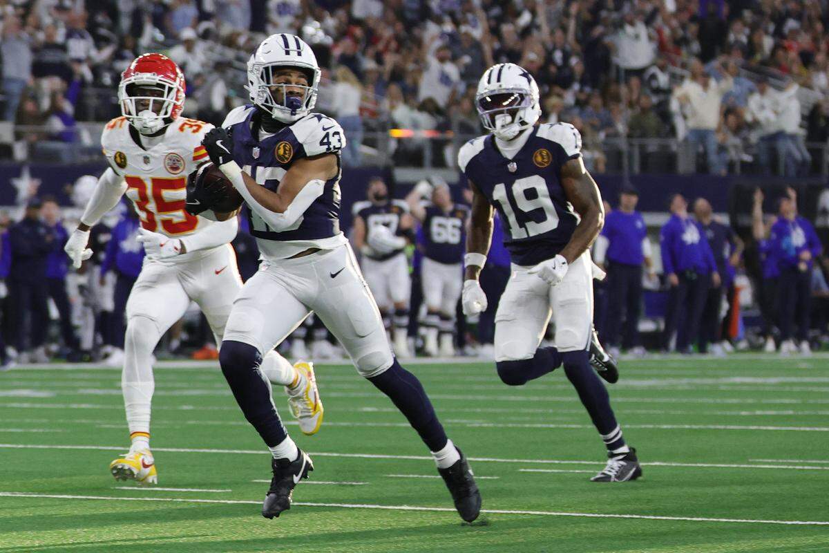 Dallas Cowboys running back Malik Davis (No. 43) rushes for a touchdown against the Kansas City Chiefs during an NFL Week 13 Thanksgiving Day game at AT&T Stadium in Arlington, Texas on Thursday, Nov. 27, 2025.