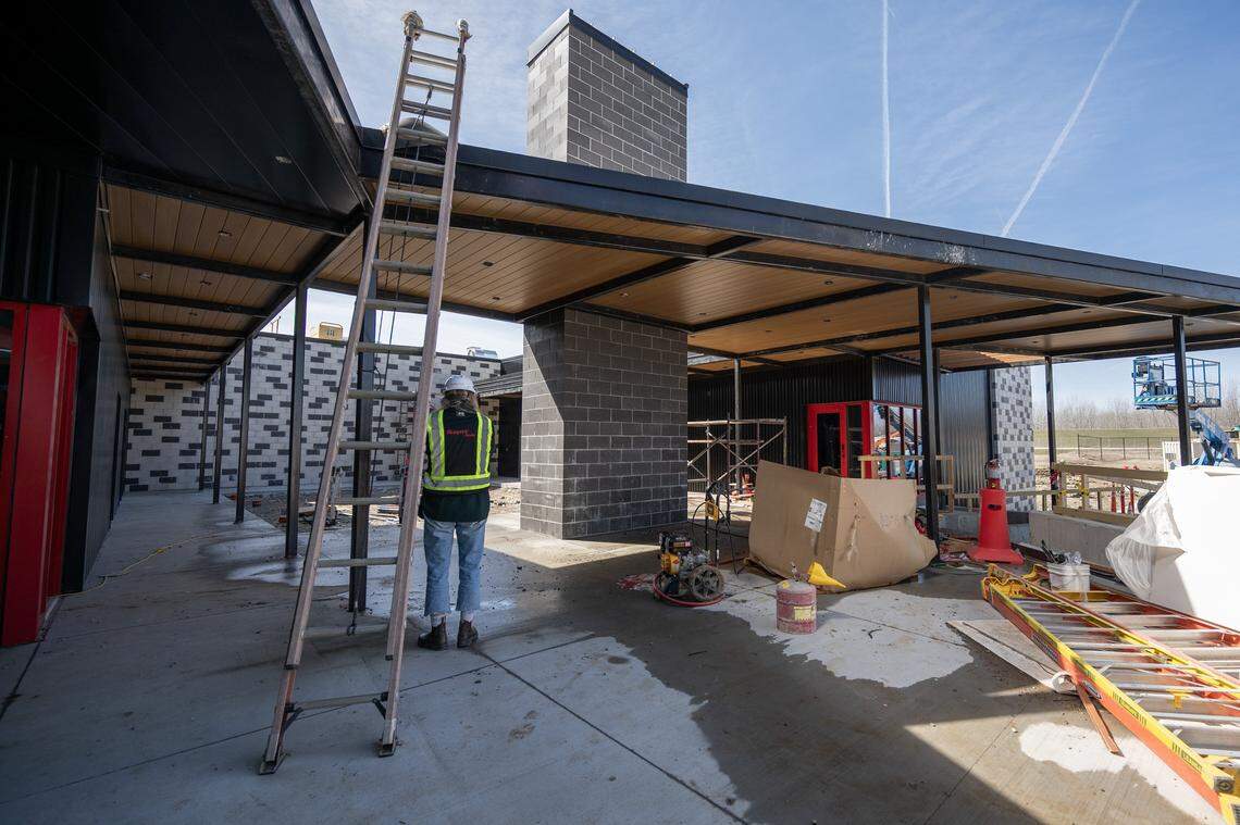 A backstage lounge area for performers is seen during construction of the Morton Amphitheater on Friday, March 13, 2026, in Riverside.