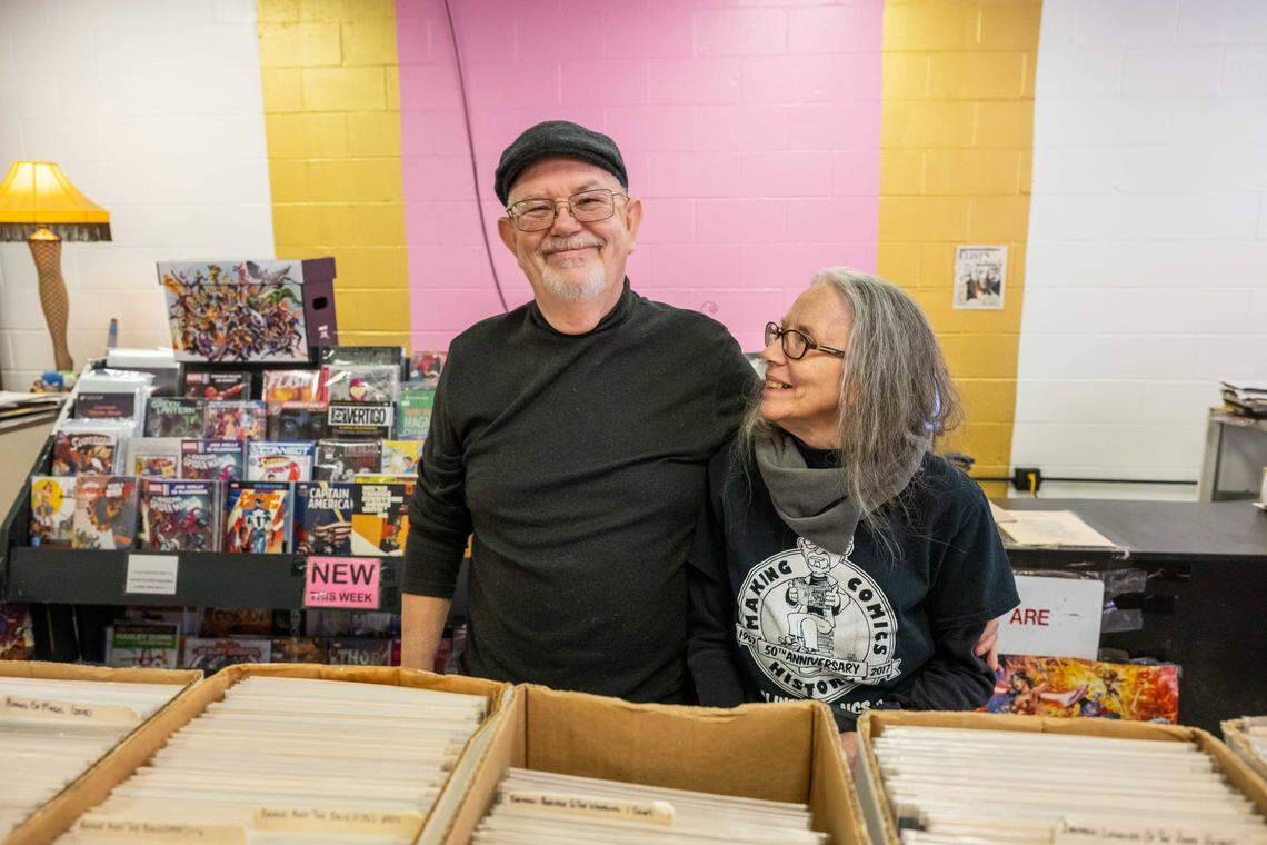 Sharon Farris, owner of Clint’s Comics, and her brother, Paul, in Independence on Tuesday, January 7, 2026. Clint’s Comics was previously located in Midtown Kansas City before the ceiling collapsed on the building it occupied. Farris says selling comics and books ‘gives her purpose’ and is excited to have people back in her shop.
