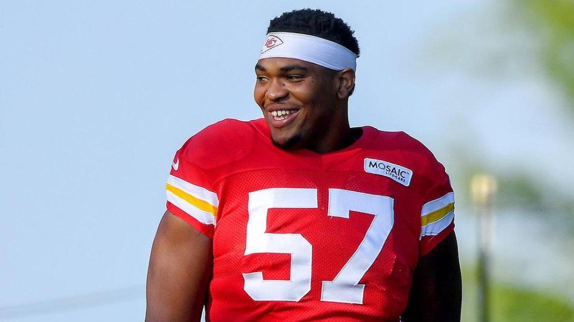 Offensive linemen Lucas Niang, left, and Orlando Brown are two of the new faces on a Chiefs line that was rebuilt from the ground up in the wake of this year’s Super Bowl loss to the Tampa Bay Buccaneers.