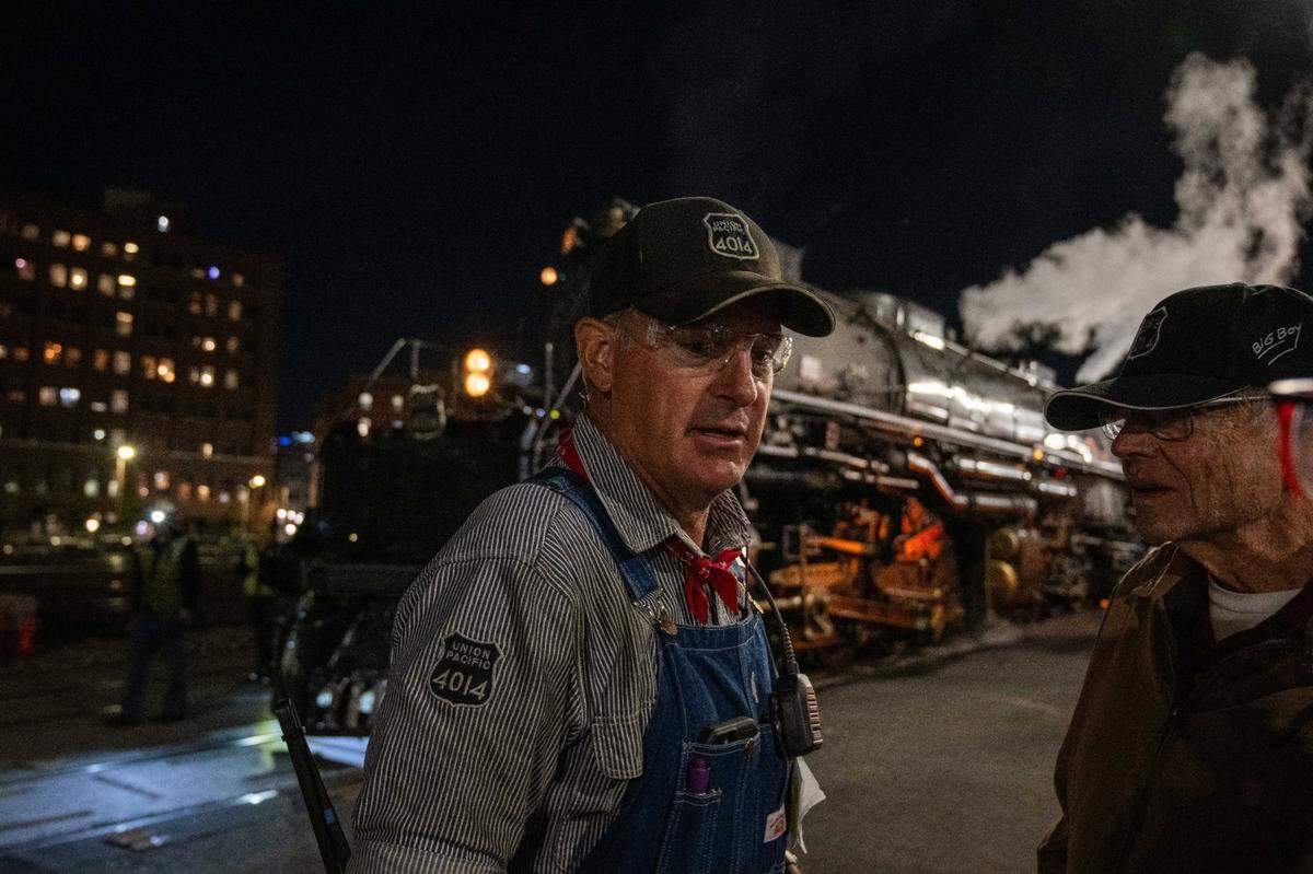 Ed Dickens Jr., Senior Manager of Heritage Operations, the company operating Union Pacific’s Big Boy greets fans in Kansas City on Tuesday, Oct. 15, 2024.