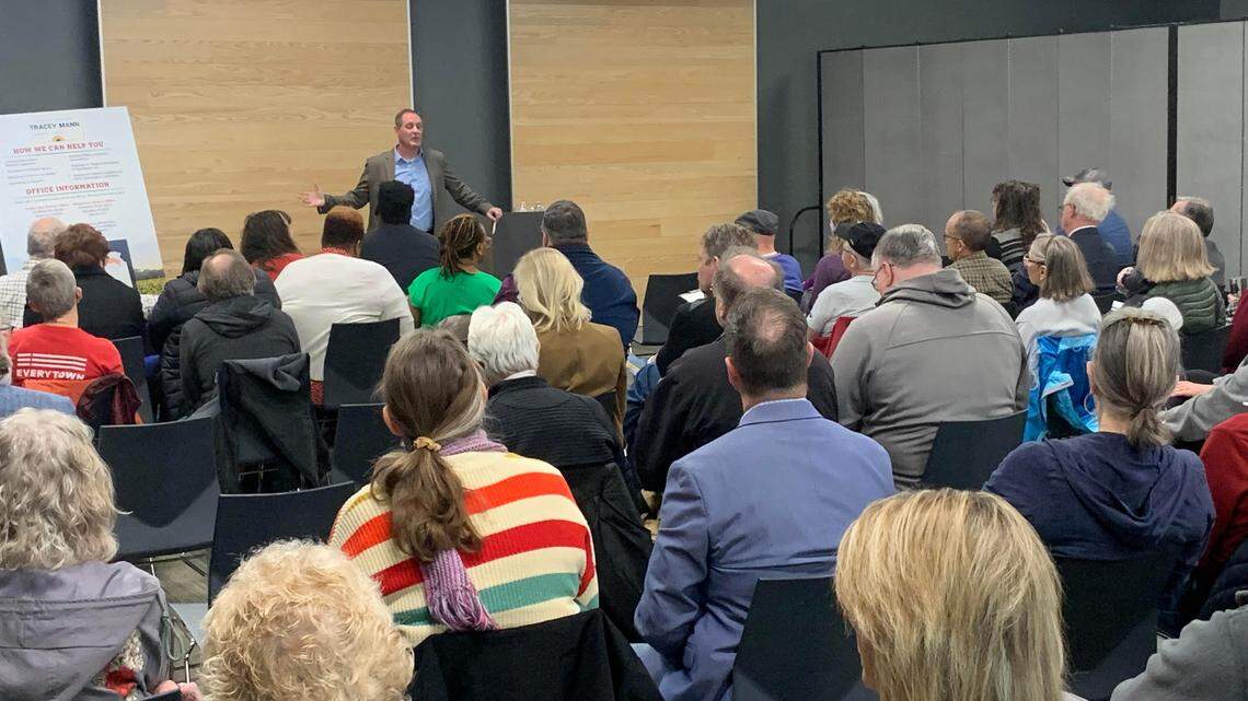 U.S. Rep. Tracey Mann, a Republican, holds a town hall in Lawrence on Monday, Feb. 6, 2023. Kansas Republicans redrew the 1st Congressional District last year to include Lawrence, a Democratic-leaning city.