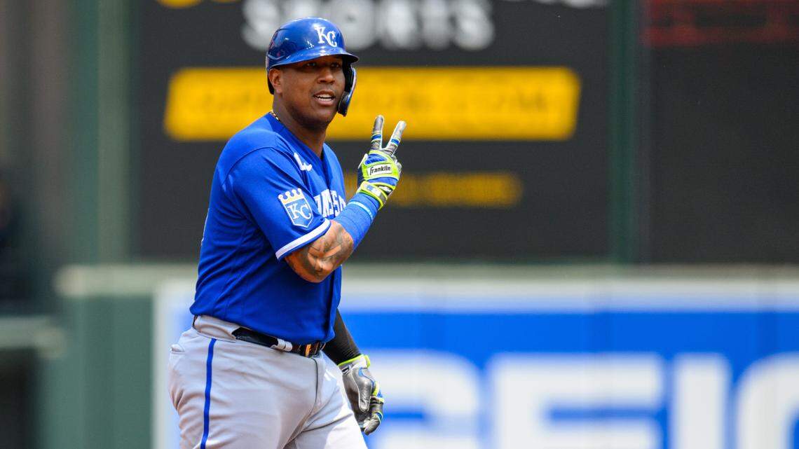 Kansas City Royals catcher Salvador Perez (13) reacts while standing on second base after hitting a double against the Baltimore Orioles at Oriole Park at Camden Yards on June 11, 2023.