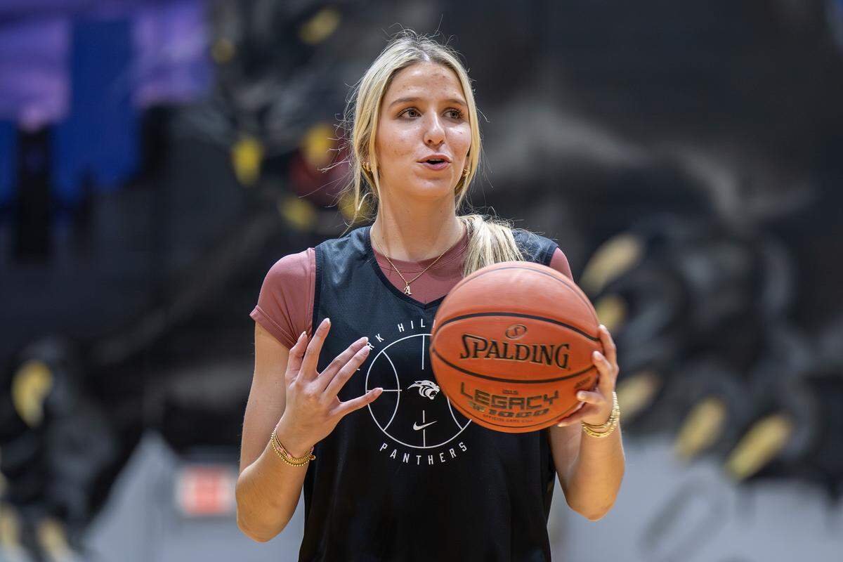Addison Bjorn warms up during basketball practice at Park Hill South High School on Wednesday, Jan. 21, 2026, in Riverside.