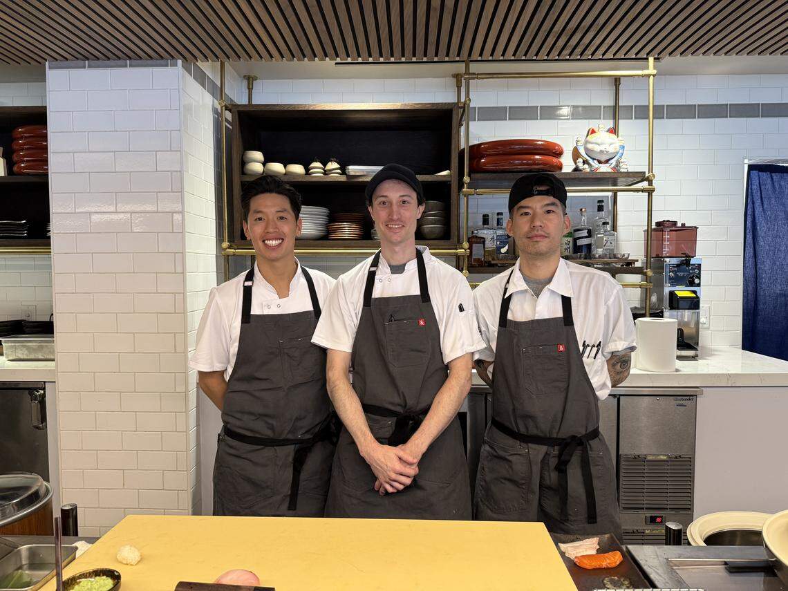 Peter Hoang (left) and chefs Glenn Schongar (middle) and Jay Yiampanich (right) serve omakase-style sushi at their restaurant in downtown Kansas City.
