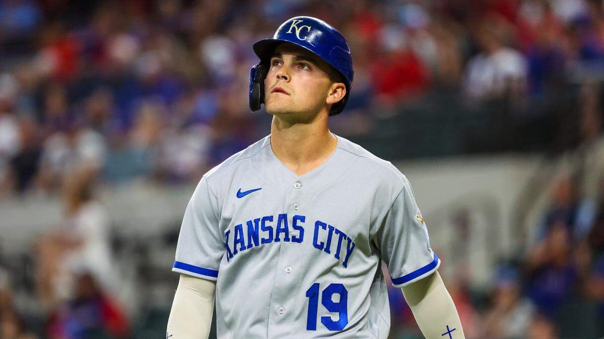Kansas City Royals second baseman Michael Massey (19) reacts after striking out during the fourth inning against the Texas Rangers at Globe Life Field on April 11, 2023.