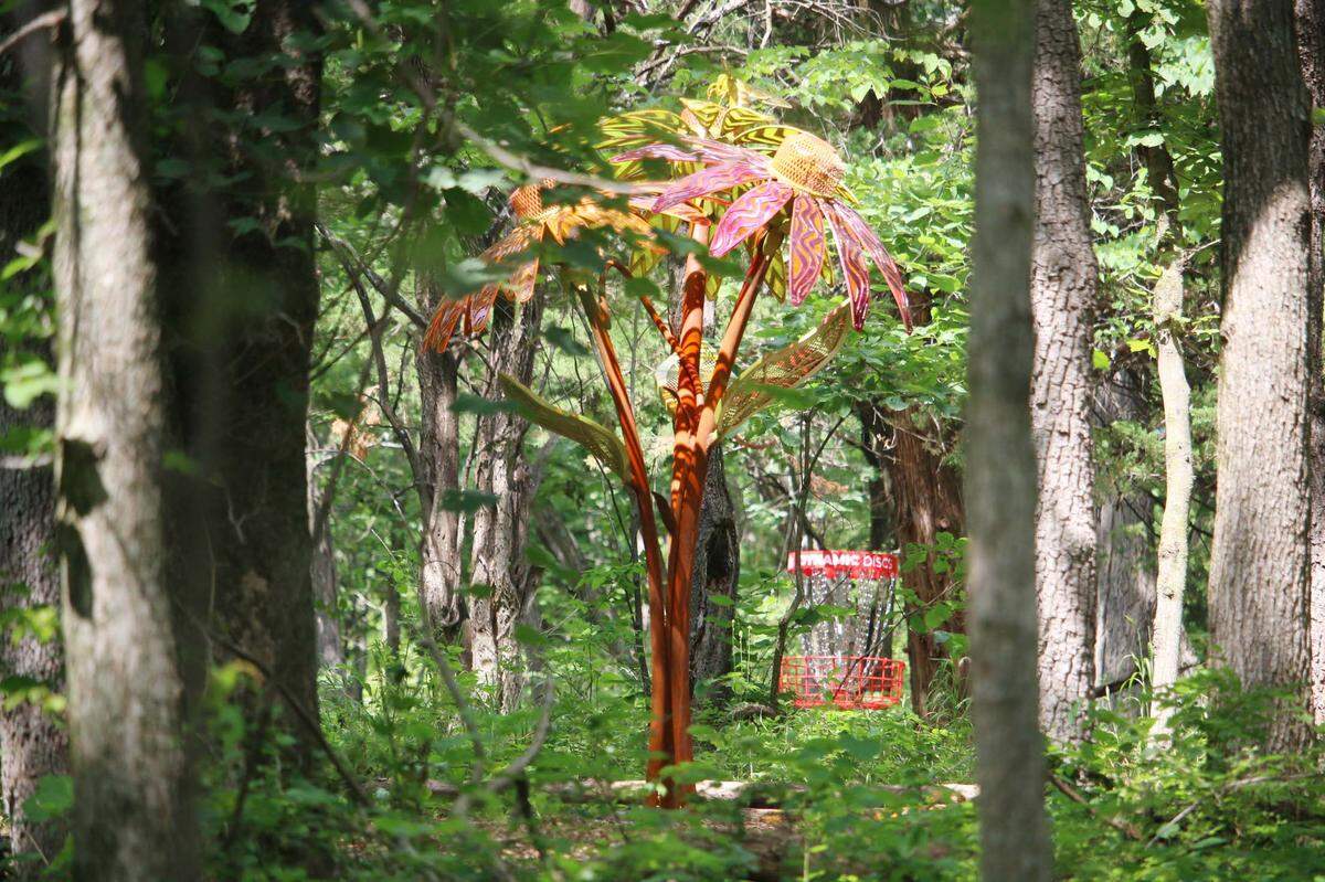 Amie Jacobsen’s flower sculpture, “Echinacea Umbrella,” stands near the fifth hole of Shawnee Mission Park’s Art Nine disc golf course.