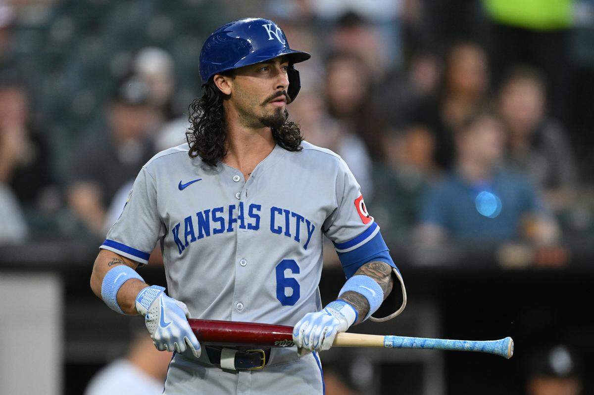 Jonathan India #6 of the Kansas City Royals looks on after striking out against the Chicago White Sox during the second inning at Rate Field on August 27, 2025 in Chicago.