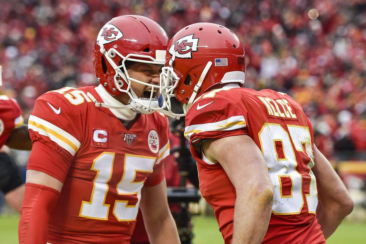 Kansas City Chiefs quarterback Patrick Mahomes and tight end Travis Kelce celebrated after Kelce scored a second touchdown in the second quarter on a pass from Mahomes while they played the Houston Texans Sunday, January 12, 2020, at Arrowhead Stadium in Kansas City, Missouri.