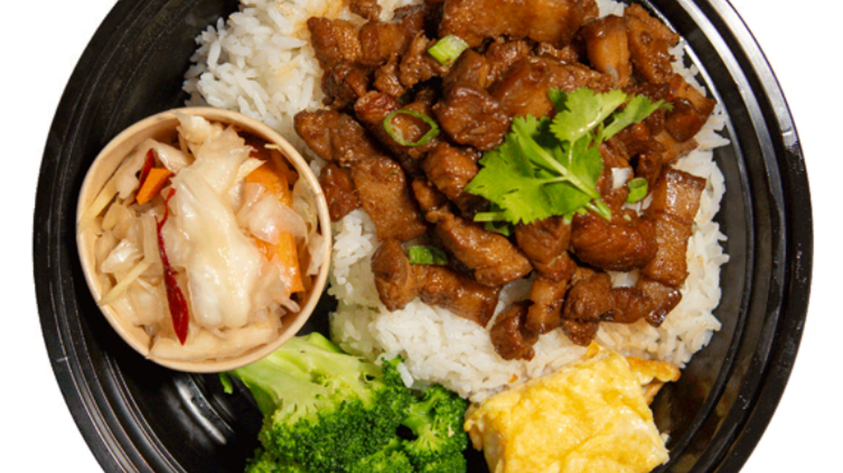 The Lou Rou Fan at Bo’s Kitchen: pork belly, pickled cabbage and a boiled egg with a choice of white or brown rice.