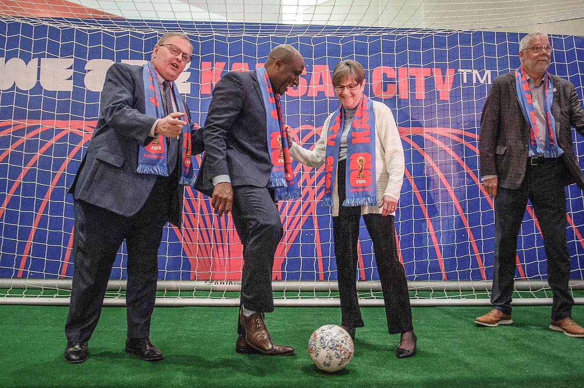 Kansas City Mayor Quinton Lucas, second from left, and Kansas Gov. Laura Kelly turned out for a FIFA 2026 World Cup news conference last May at GEHA Field at Arrowhead Stadium.