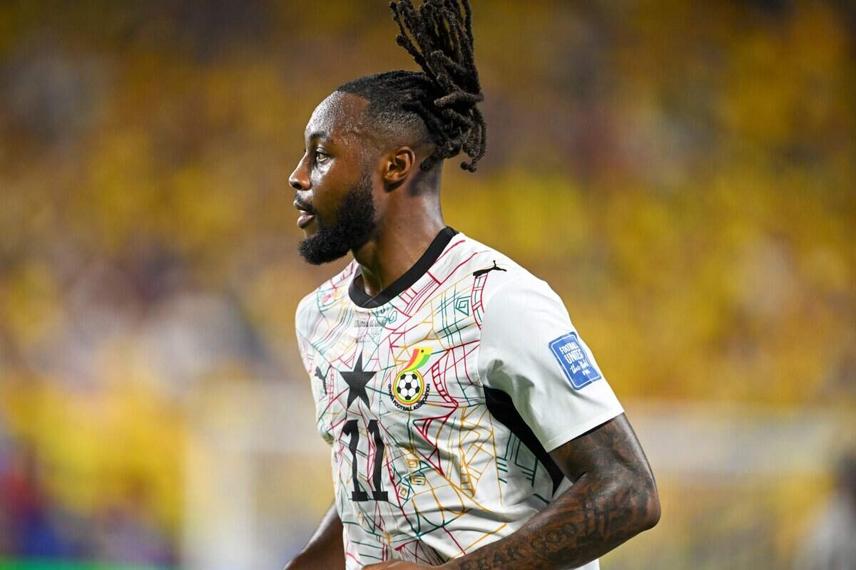 Ghana forward Antoine Semenyo (11) in the Colombia vs. Ghana 2026 World Cup Round of 32 football match at Kansas City (Arrowhead) Stadium in Kansas City on Friday, July 3, 2026.