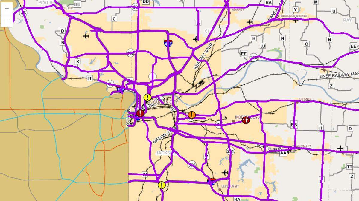 A Missouri Department of Transportation map showing snow-covered roads Monday morning. The transportation department advises against travel Monday as crews work to clear roads of snow and ice.