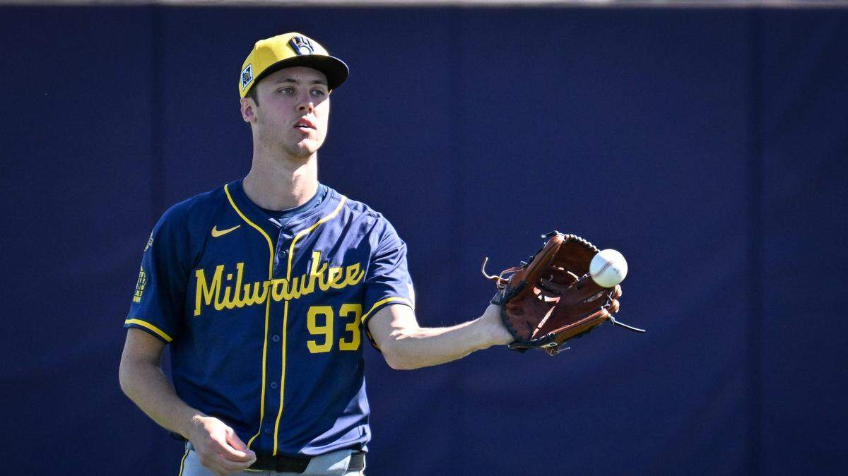 Brewers top pitching prospect Jacob Misiorowski at Milwuakee’s spring training facility in February 2025.