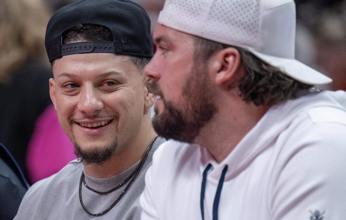 Chiefs quarterback Patrick Mahomes and Blake Bell former Chiefs tight end, were on hand for the BYU-West Virginia game during the first half of the Big 12 Men's Basketball Tournament at T-Mobile Center on Wednesday, March 11, 2026, in Kansas City.