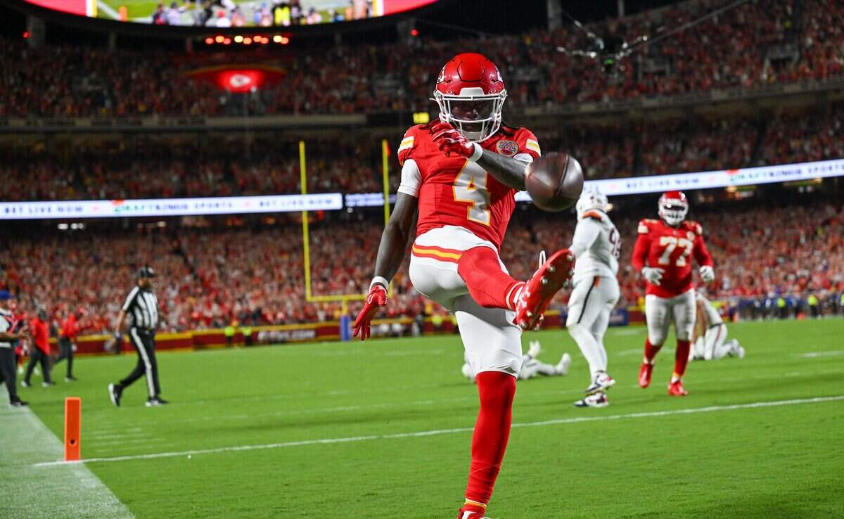 Kansas City Chiefs wide receiver Rashee Rice (4) punts the ball after scoring a touchdown in the second quarter of the Kansas City Chiefs vs. Denver Broncos NFL season opener at Arrowhead Stadium in Kansas City on Sept. 14, 2026.