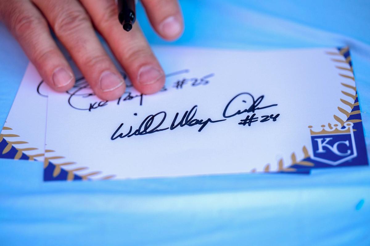 An autograph from former Royals first baseman Willie Mays Aikens and others was on a card available to fans during Bring Out the Blue,” a tailgating event at the Price Chopper in Lee’s Summit on Monday, Sept. 30, 2024.