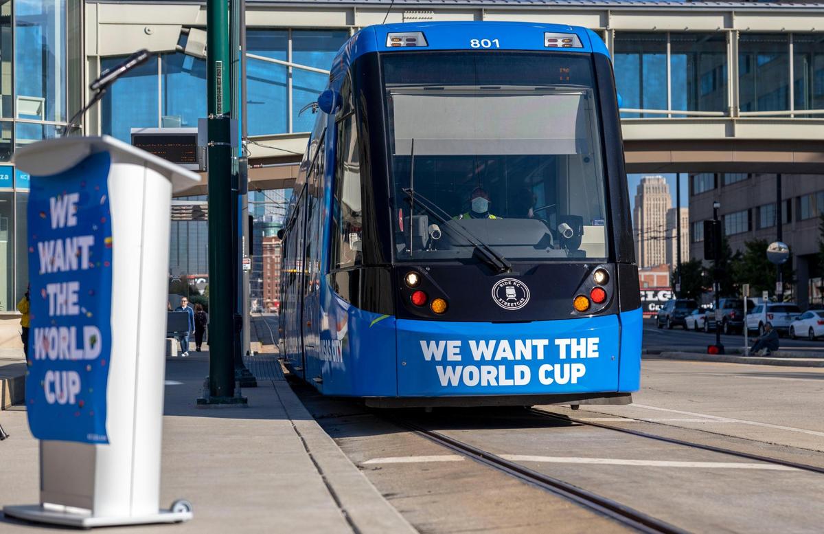 A newly wrapped KC Street Car promotes Kansas City’s bid to be one of the U.S. sites for the 2026 World Cup soccer tournament. The new design was unveiled at a ceremony at the Union Station streetcar stop in Kansas City on Thursday October 14, 2020.