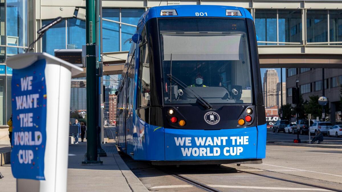 A newly wrapped KC Street Car promotes Kansas City’s bid to be one of the U.S. sites for the 2026 World Cup soccer tournament. The new design was unveiled at a ceremony at the Union Station streetcar stop in Kansas City on Thursday October 14, 2020.