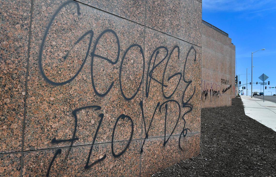 Businesses along Main Street near Mill Creek Park were covered in graffiti over the weekend during the protests over the death of George Floyd.