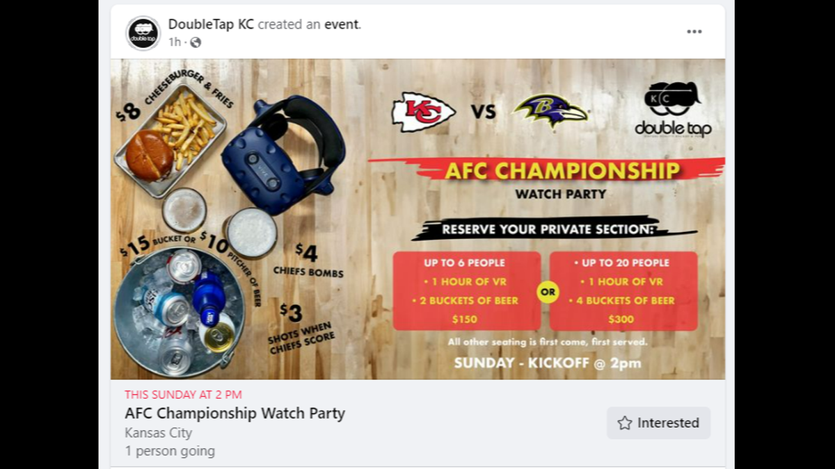 DoubleTap KC in the River Market is hosting an AFC Championship Game watch party on Sunday.