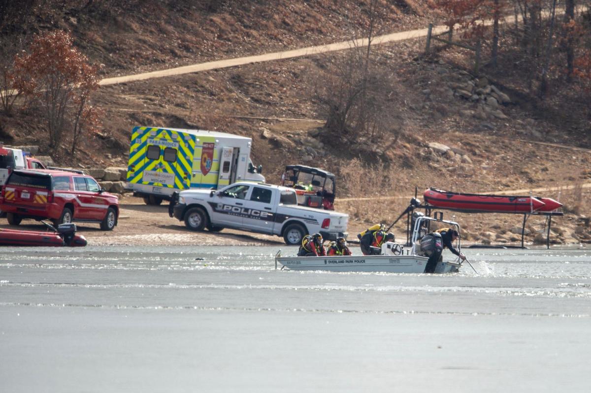 First responders were on the scene to find a person who fell into Shawnee Mission Lake on Monday, Feb. 6, 2023, in Lenexa.