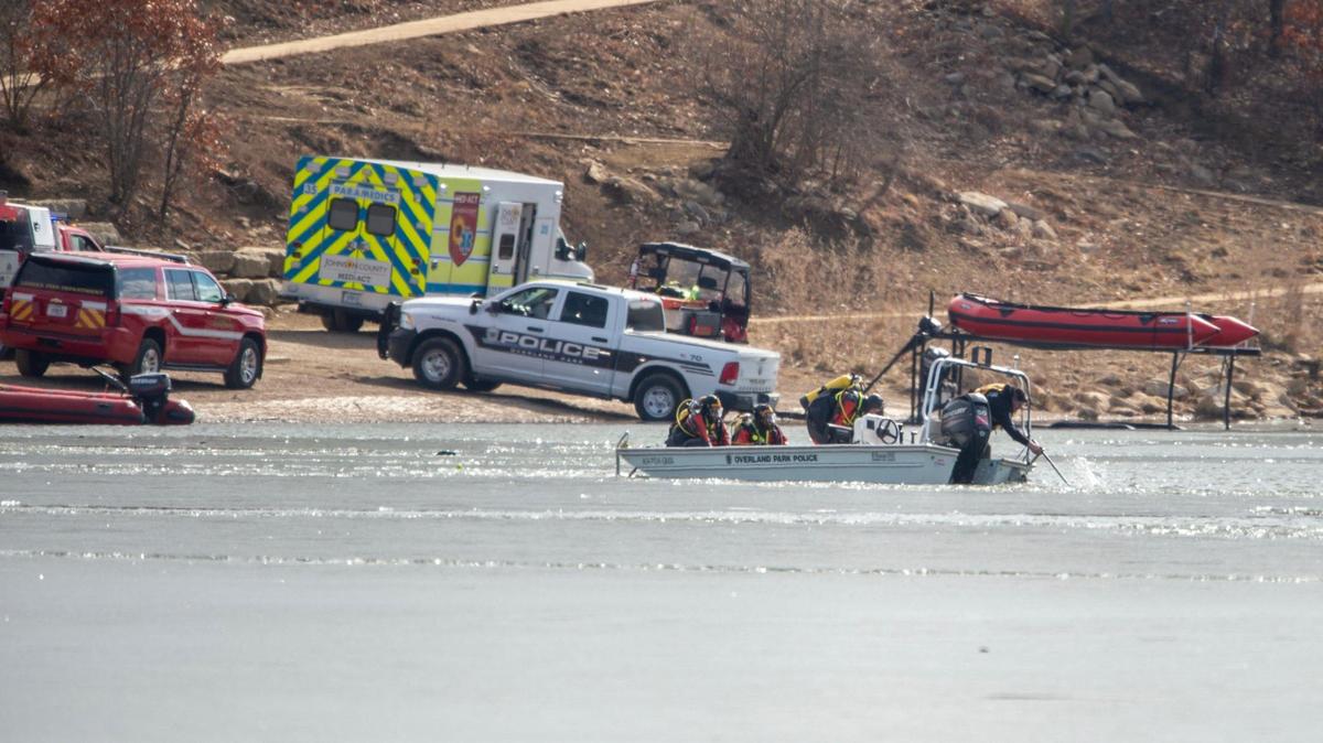First responders were on the scene to find a person who fell into Shawnee Mission Lake on Monday, Feb. 6, 2023, in Lenexa.