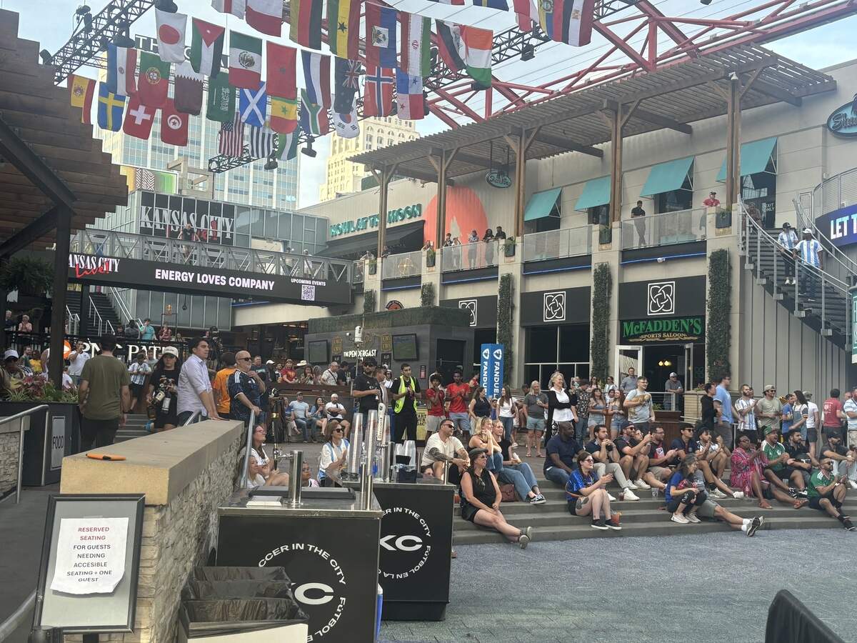 Fans wait for the World Cup game between Argentina and Algeria to start in KC Live! in the Power & Light District on Tuesday, June 16, 2026.