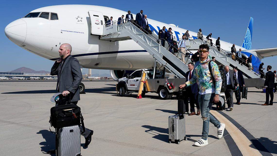 Kansas City Chiefs quarterback Patrick Mahomes arrives ahead of Super Bowl 57, Sunday, Feb. 5, 2023, in Phoenix. The Kansas City Chiefs will play the Philadelphia Eagles on Sunday.