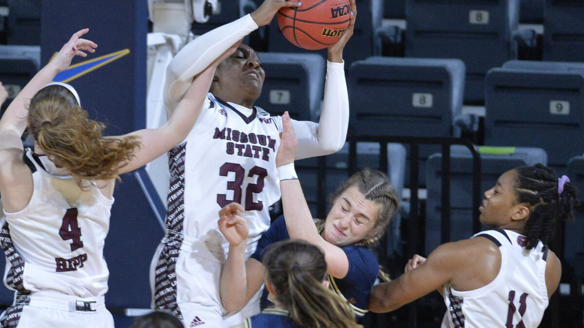 Jasmine Franklin (32) grabbed a rebound for Missouri State during the Bears’ victory over UC Davis in the women’s NCAA Tournament held at St. Mary’s University on March 22, 2021 in San Antonio, TX. (Photo by Mark Sobhani/NCAA Photos)