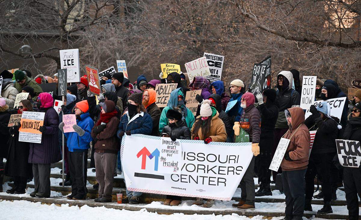 Protesters representing the Missouri Workers Center joined nationwide demonstrations against ICE in downtown Kansas City in freezing temperatures on Friday, Jan. 30, 2026.