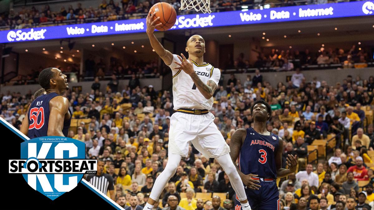 Missouri’s Xavier Pinson, center, shoots between Auburn’s Danjel Purifoy, right, and Austin Wiley during the second half of an NCAA college basketball game Saturday, Feb. 15, 2020, in Columbia, Mo. Missouri won 85-73. (AP Photo/L.G. Patterson)
