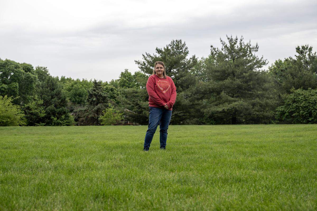 Rachel Shuck stands at the former site of the Bluejacket Pool for a portrait on Friday, May 8, 2026, in Overland Park.