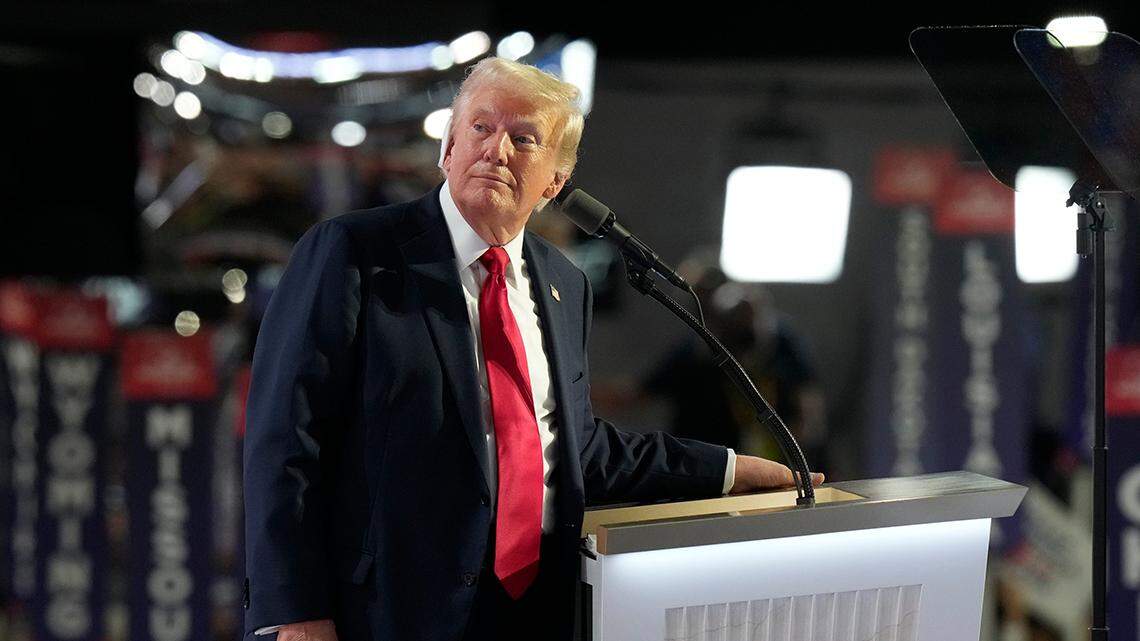Donald Trump speaks during the final day of the Republican National Convention at the Fiserv Forum. The final day of the RNC featured a keynote address by Republican presidential nominee Donald Trump.
