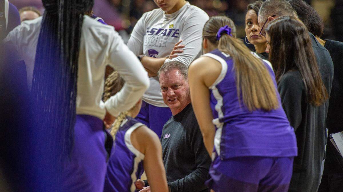 Kansas State Wildcats women’s basketball head coach Jeff Mittie coaches players during a timeout in the fourth quarter of the Women’s Big 12 Conference Tournament against Texas Tech Red Raiders on Thursday, March 9, 2023, at the Municipal Auditorium in Kansas City. The Wildcats’ season came to an end on Friday, March 24, with a loss to Washington in the WNIT.