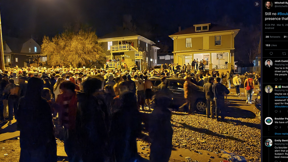 Police say three SWAT officers were injured with bricks and rocks as they tried to break up a huge party in Boulder, Colorado.