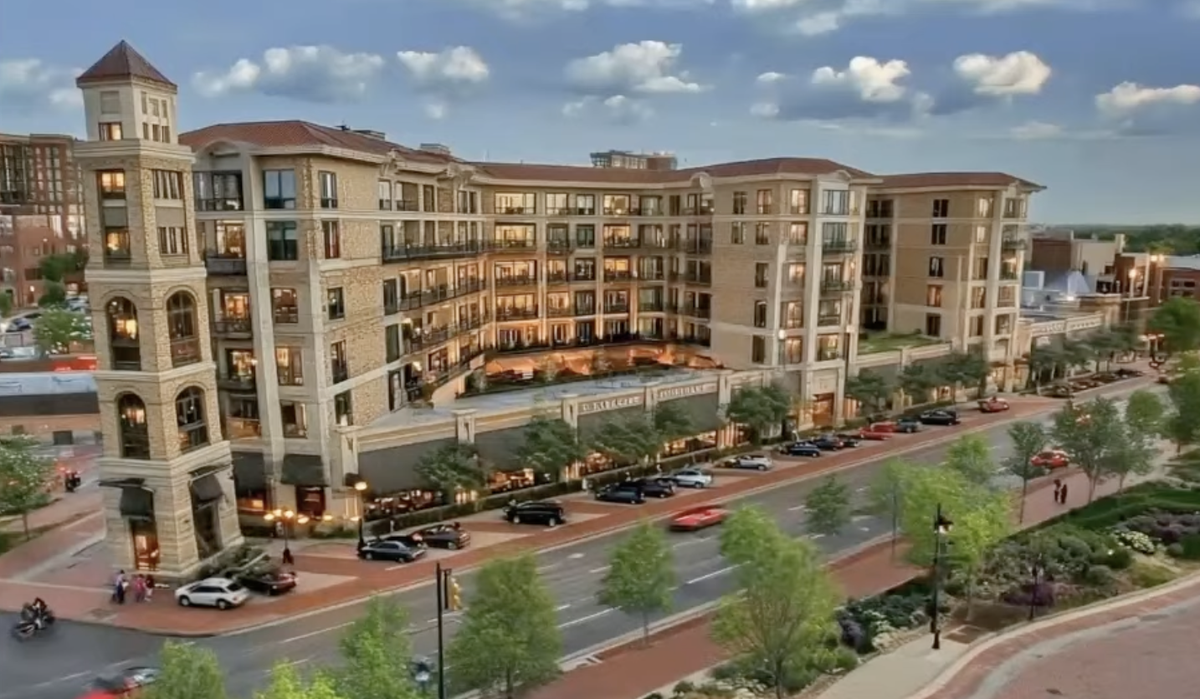A rendering of a proposed taller building on the Country Club Plaza. The image is conceptual and not a final design or plan.