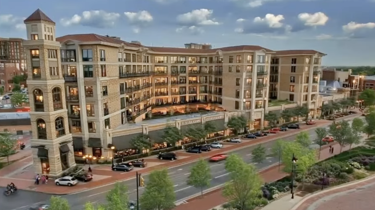 A rendering of a proposed taller building on the Country Club Plaza. The image is conceptual and not a final design or plan.