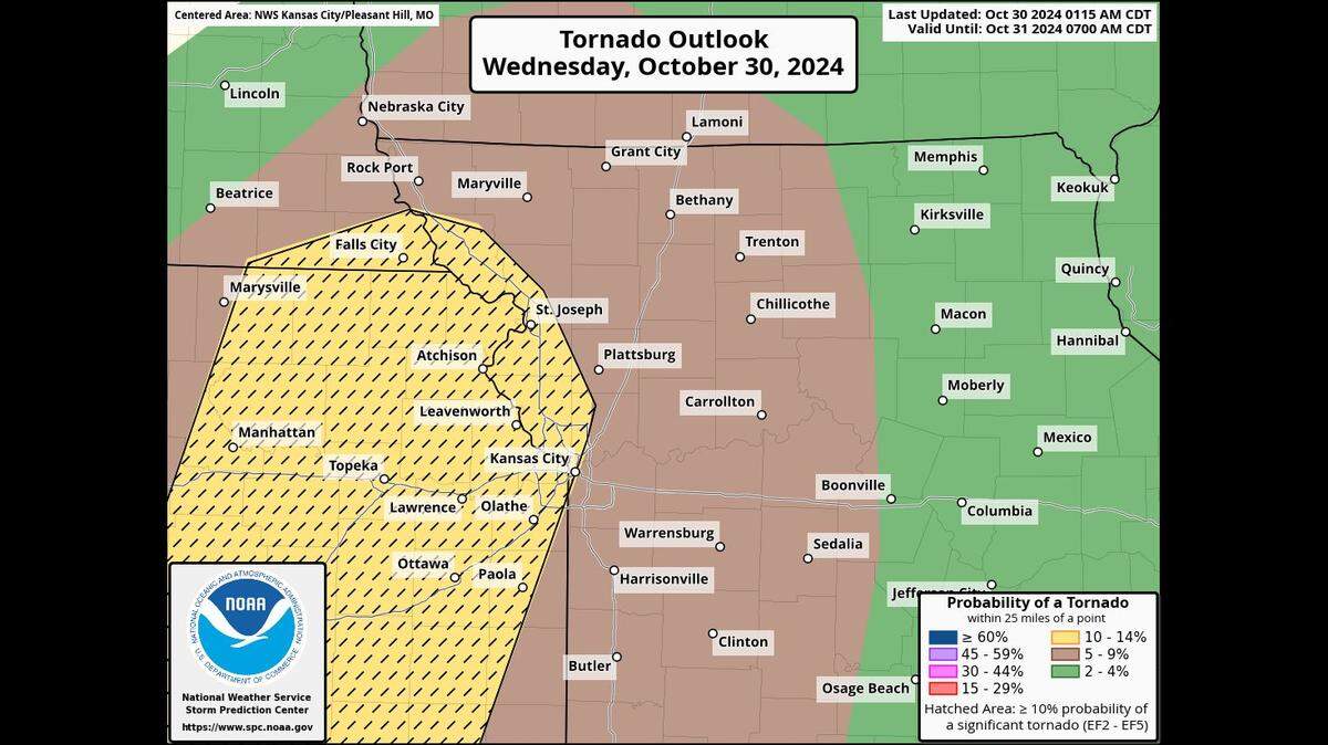 The National Weather Service’s Storm Prediction Center’s tornado outlook highlights Kansas City, Topeka and eastern Kansas in area that is at the greatest risk of stronger tornadoes.