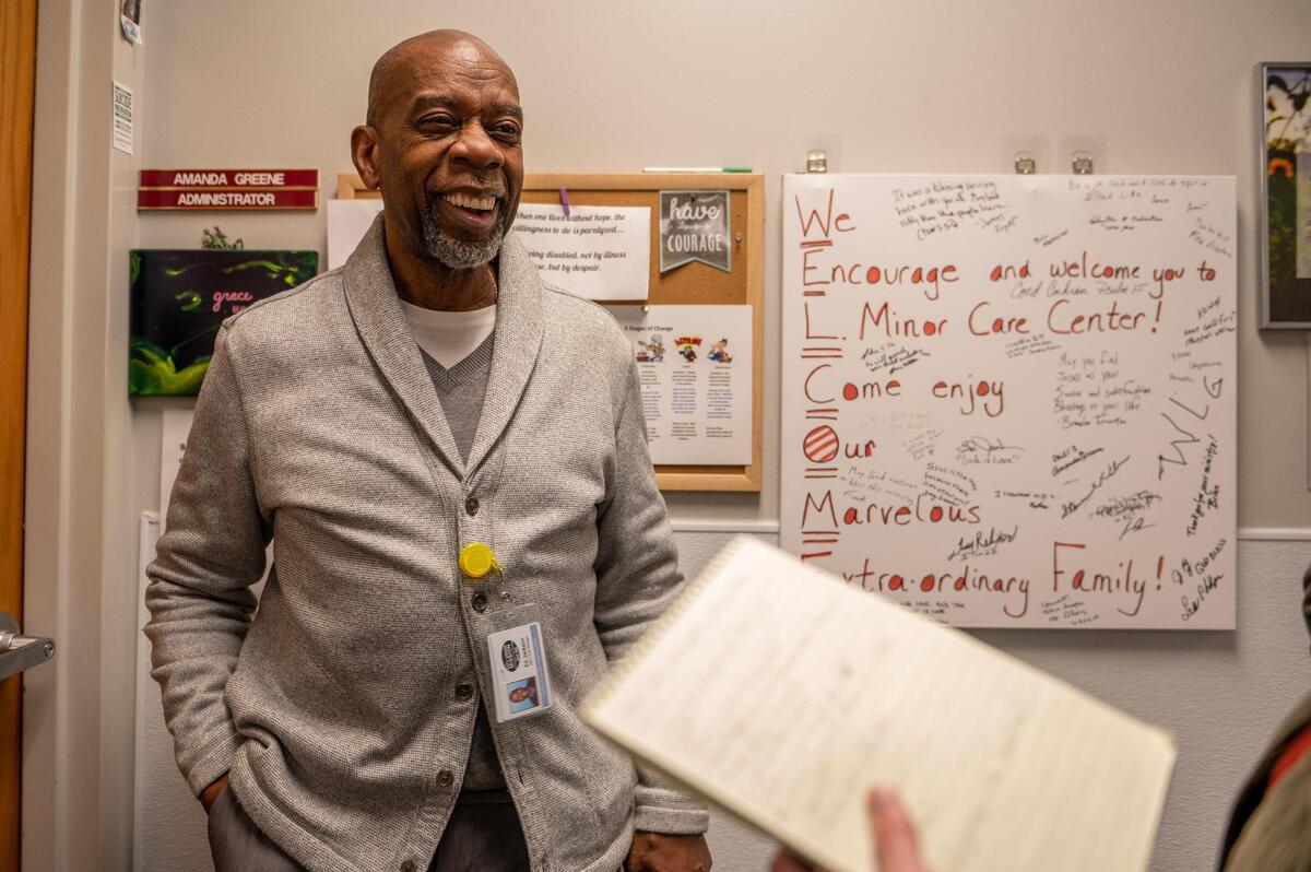 Edwin Jackson, case manager for the L. Minor Care Center, speaks about his duties at the L. Minor Care Center on April 25, 2023, in Kansas City.