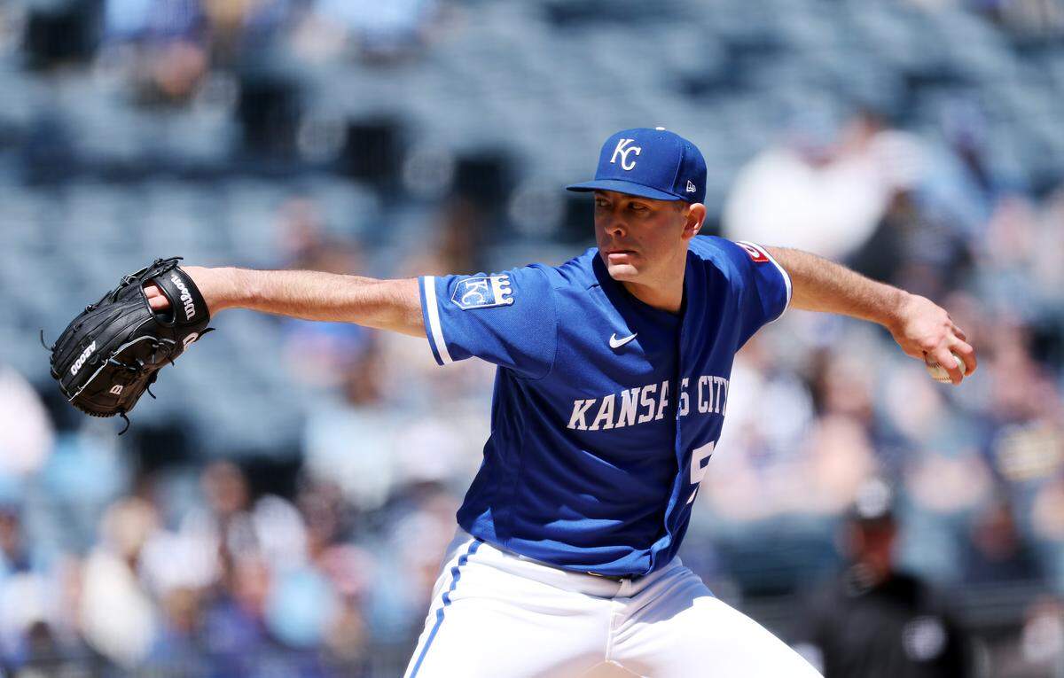 Pitcher Kris Bubic #50 of the Kansas City Royals pitches during the 1st inning of the game against the Milwaukee Brewers at Kauffman Stadium on April 5, 2026 in Kansas City.