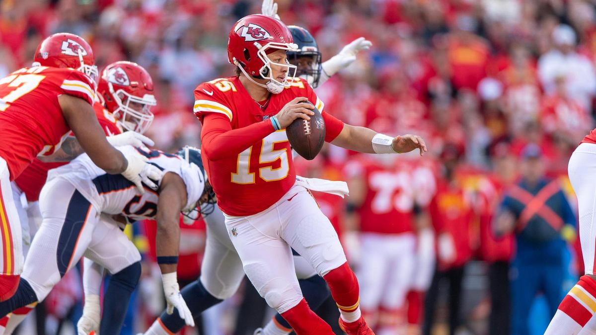 Kansas City Chiefs quarterback Patrick Mahomes (15) runs in the pocket during an NFL football game against the Denver Broncos at GEHA Field at Arrowhead Stadium on Sunday, Jan. 1, 2023, in Kansas City.