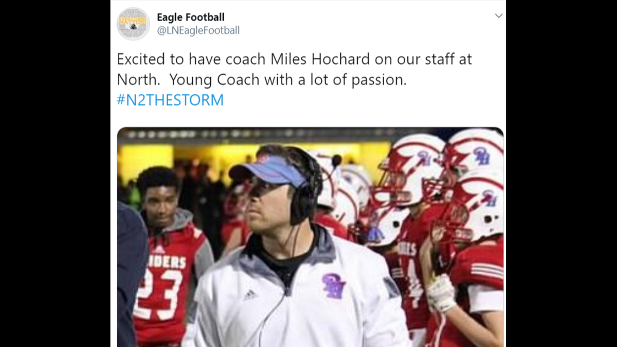 A tweet from the Liberty North High School football program announced the hiring of Miles Hochard as an assistant coach. He was later accused of assault at Liberty North. The photo showed Hochard in a previous role coaching at a different school.