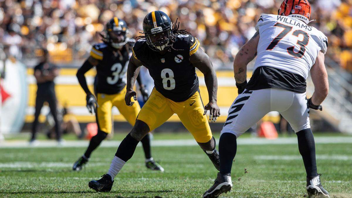 Pittsburgh Steelers linebacker Melvin Ingram (8) rushes against Cincinnati Bengals offensive tackle Jonah Williams (73) during an NFL football game, Sunday, Sept. 26, 2021 in Pittsburgh. (AP Photo/Matt Durisko)