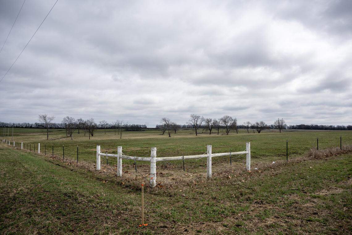 A plot of land is seen near the corner of 191st Street and Renner Road on Saturday, March 7, 2026, in Spring Hill, Kansas.
