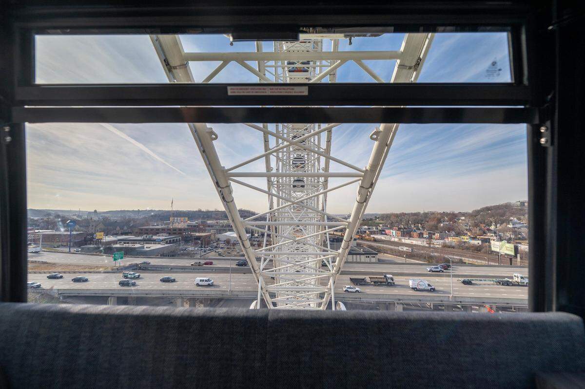 The Argentine rail yard and I-35 can be seen looking to the west from the VIP gondola on the KC Wheel at Pennway Point district.