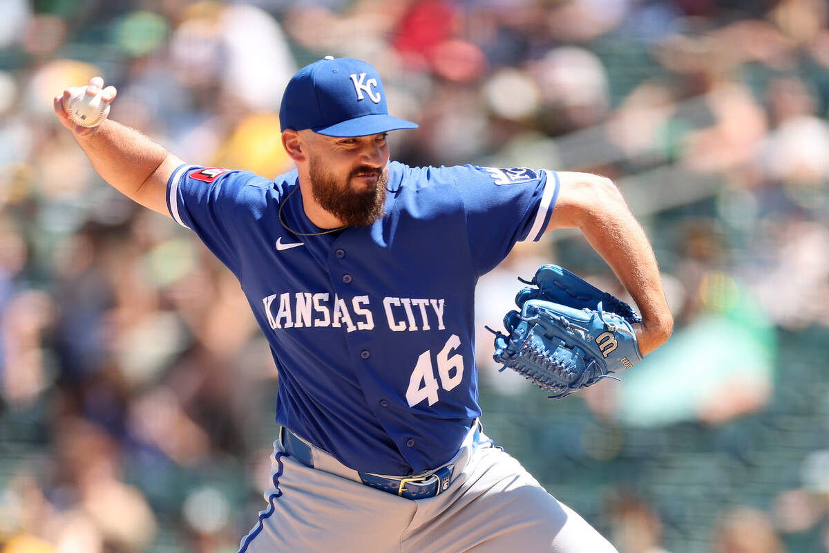 Kansas City Royals right-hander John Schreiber pitches against the Athletics in the sixth inning at Sutter Health Park on April 30, 2026 in Sacramento, California.